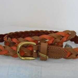 Fossil Women's Brown & Orange Woven Leather Belt 39" Long Gold Buckle -Vintage?